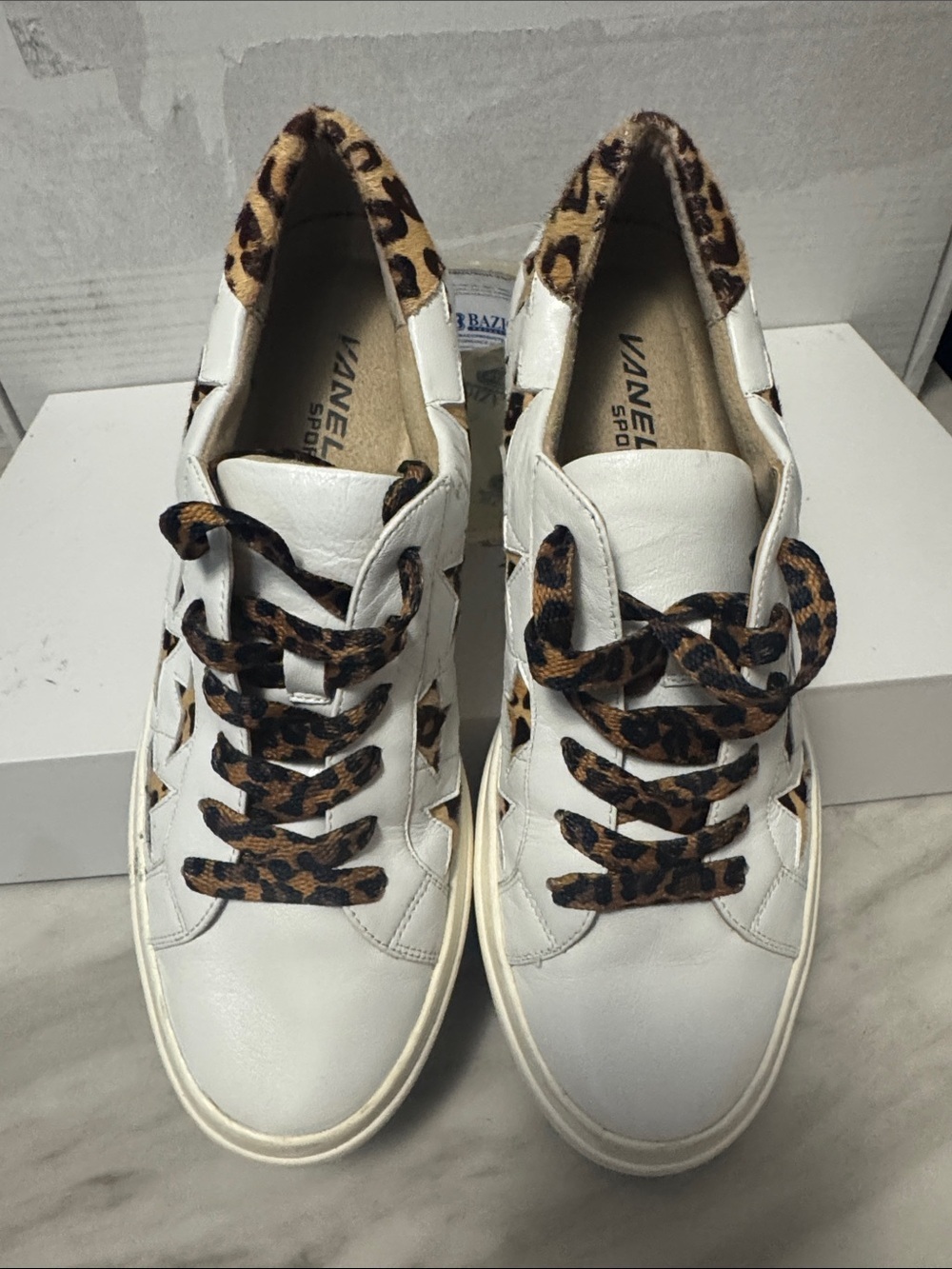 Vaneli White Leather Sneakers with Leopard Accents